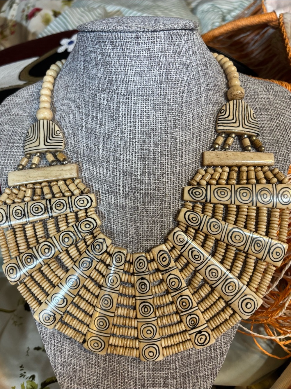 Vintage African Batik Bone Bib Statement Necklace